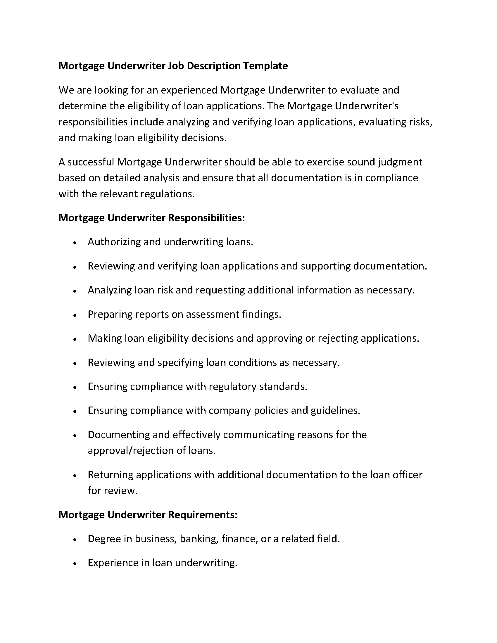 Mortgage Underwriter Job Description Template